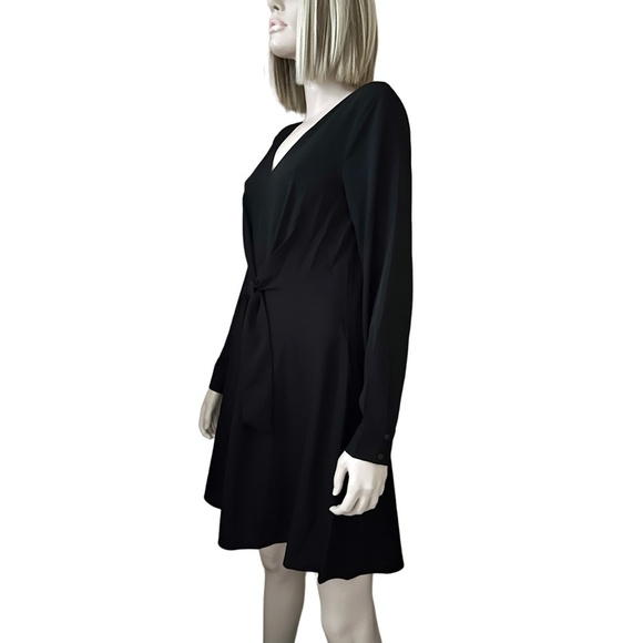 Vila Clothes Black Dress Fit & Flare Long Sleeve Bow Tie and Button Skirt Plunge - Picture 8 of 16